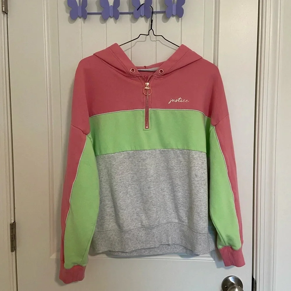 Justice girl’s tri-colored‎ quarter zip hoodie — XL